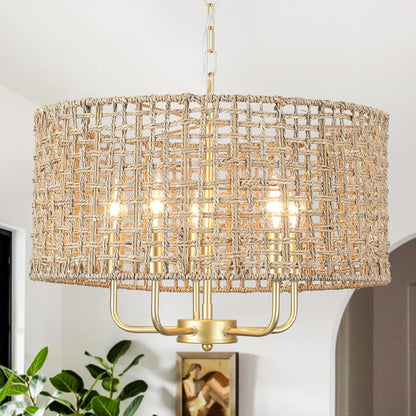 Arlo Bohemian 5 Light Natural Rattan Drum Chandelier