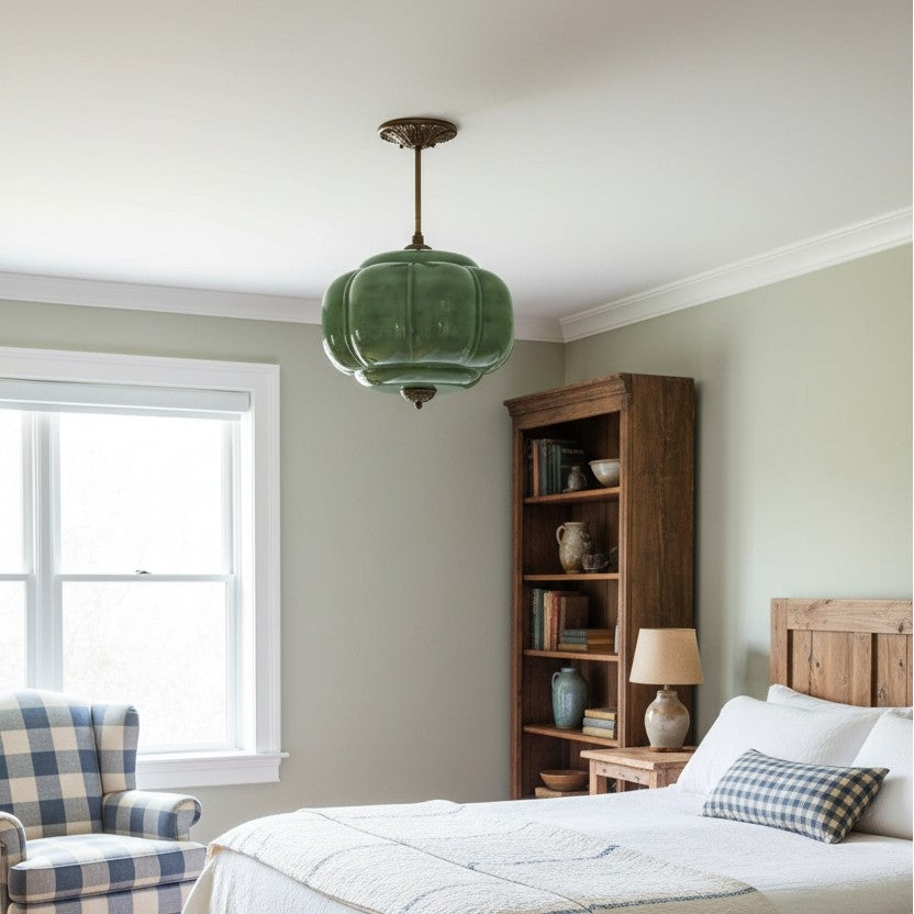 Elegant Eloise Scallop Milk Glass Semi-Flush Mount Ceiling Light - Vintage Brass Frame and Pumpkin Shape