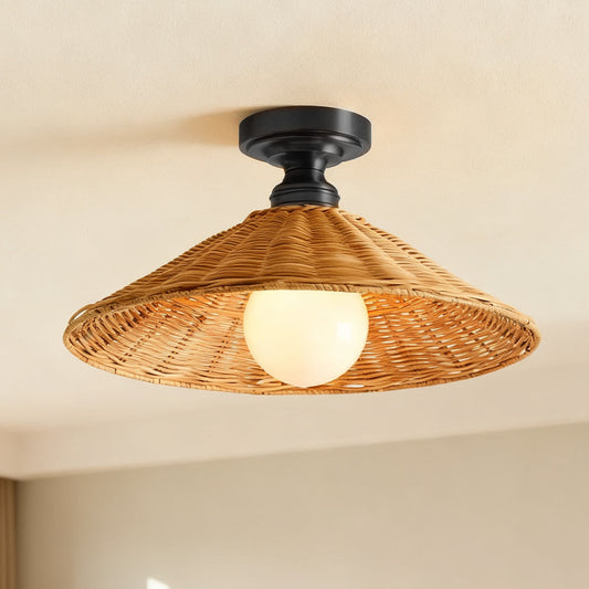 Vaelon Farmhouse Cone Rattan Ceiling Light
