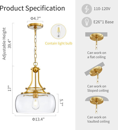Thalys Brushed Gold Clear Glass Shade Charleston Pendant Light