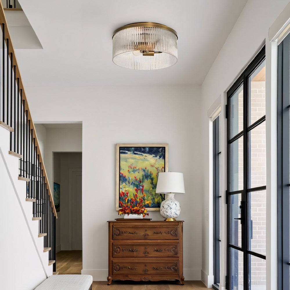 Sylan Farmhouse Round Ribbed Glass Flush Mount Ceiling Light