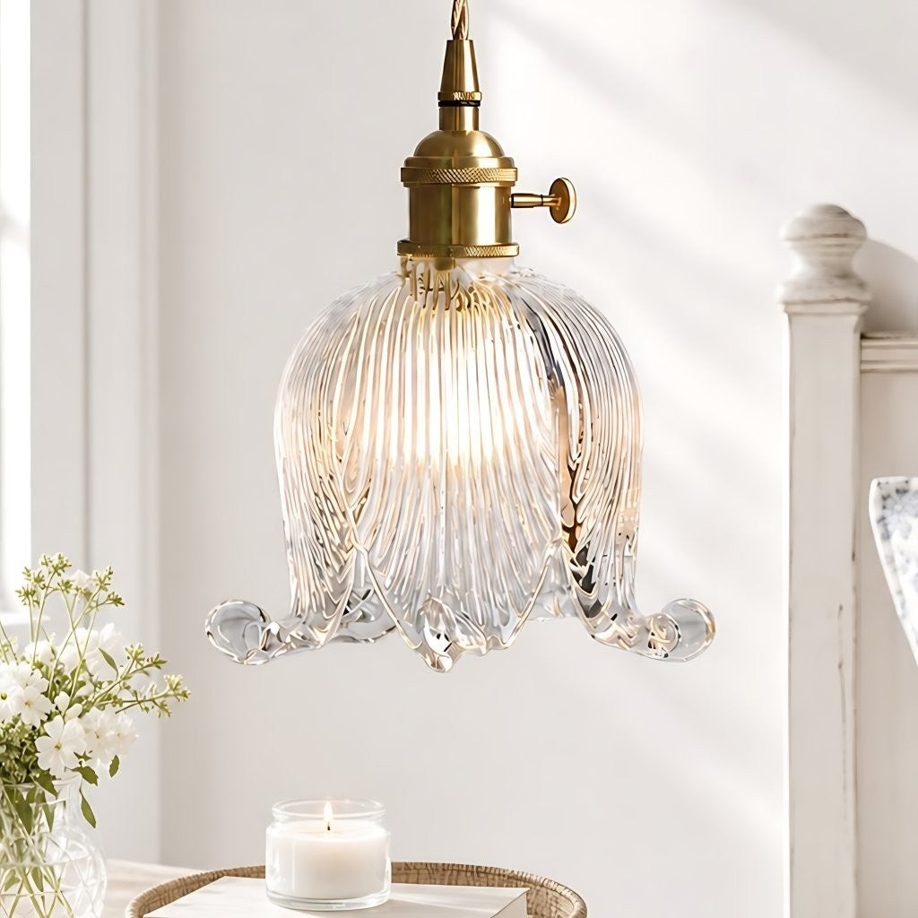 Fawen Retro Floral  Ribbed Glass Shade Pendant Light