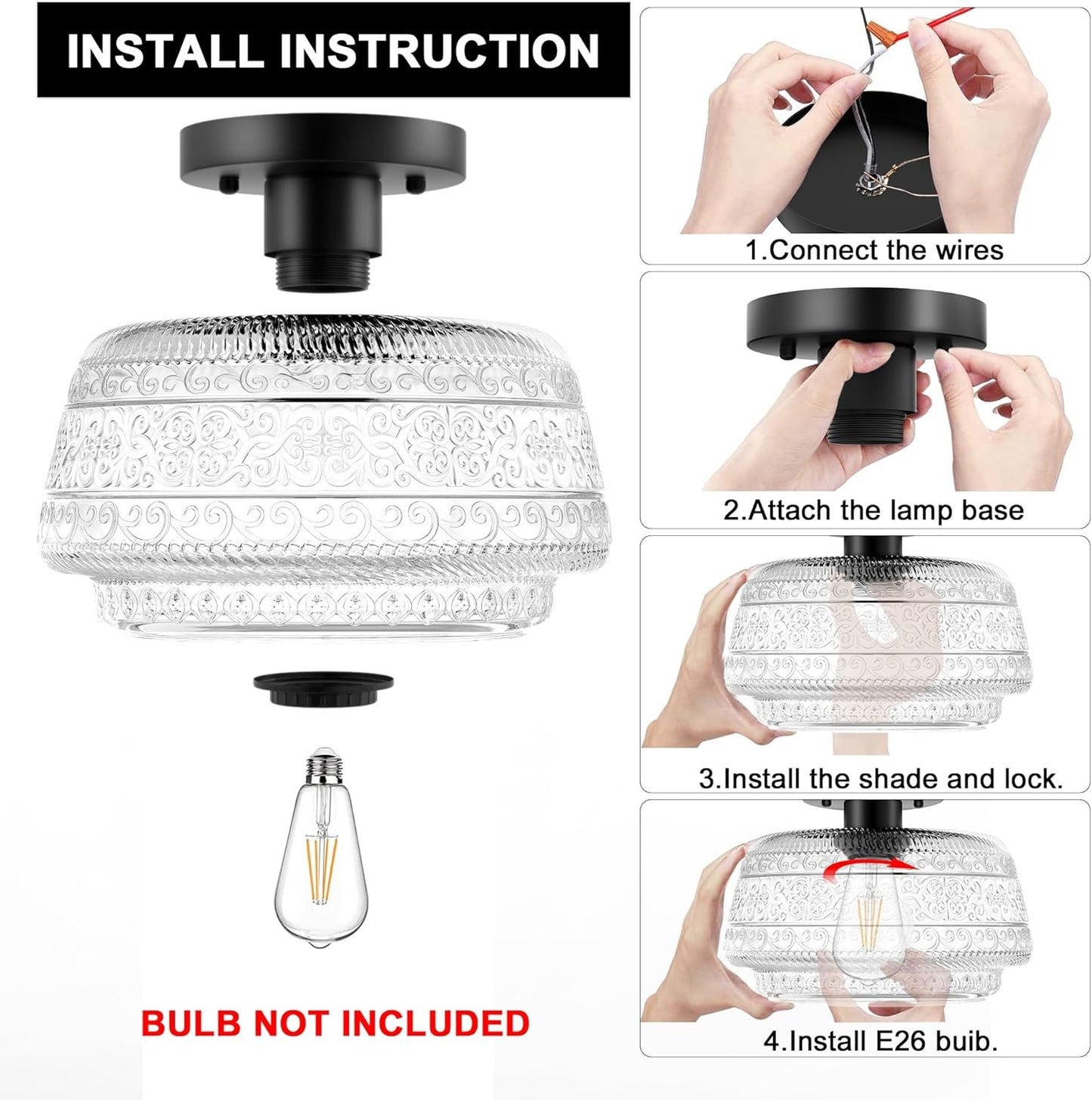 Ixionis Farmhouse Patterned Glass Semi Flush Mount Ceiling Light