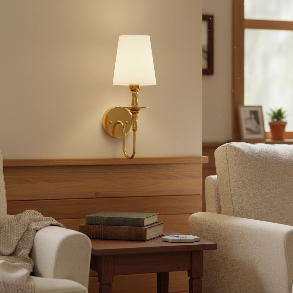 Callan Natural Curved Arm Fabric Gold Wall Sconce