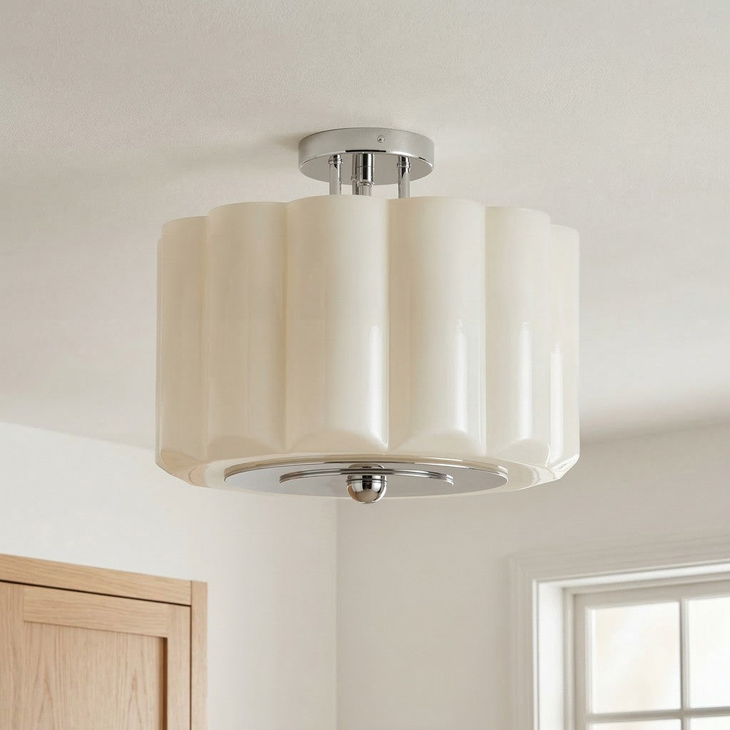 Hanahs Farmhouse Milk Glass Scalloped Shade Ceiling Light