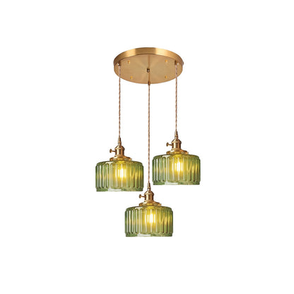 Zavier Vintage Cylinder Wave Pattern Glass Shade Pendant Chandelier