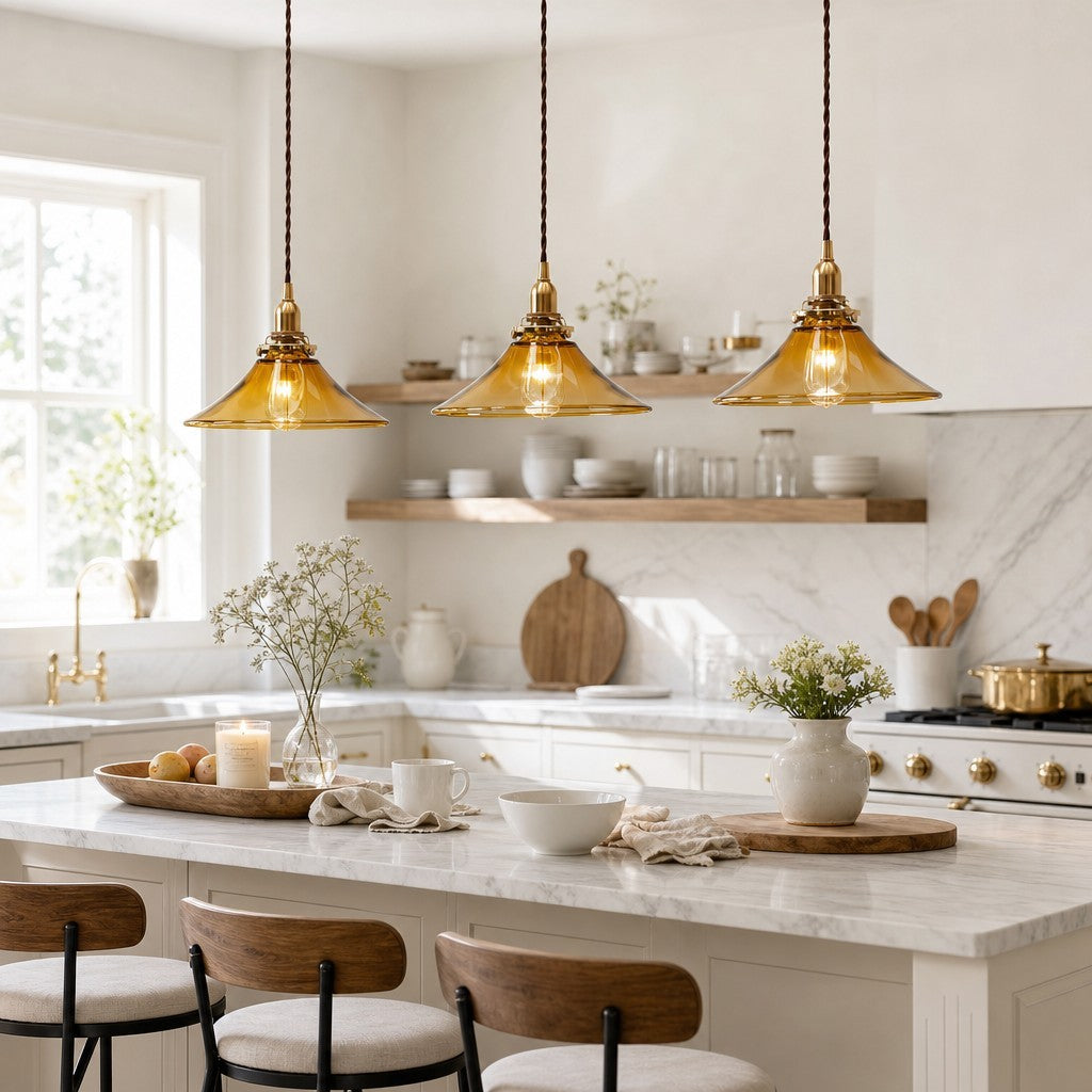 Vythar Retro Brass Cone Amber Glass Pendant Light