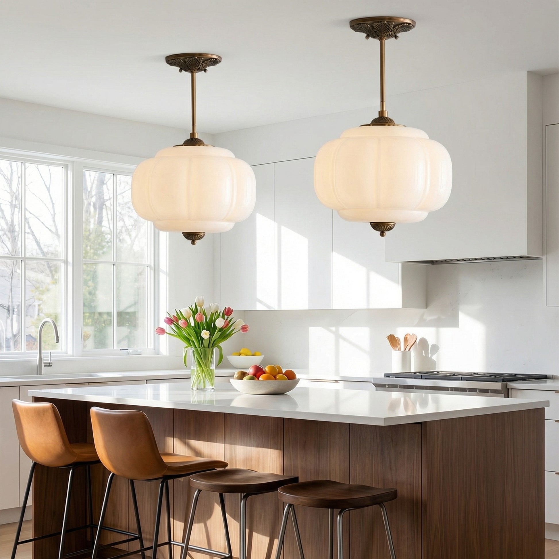 Vortan Antique Brass Green Glass Semi-Flush Mount Eloise Pendant Lamp