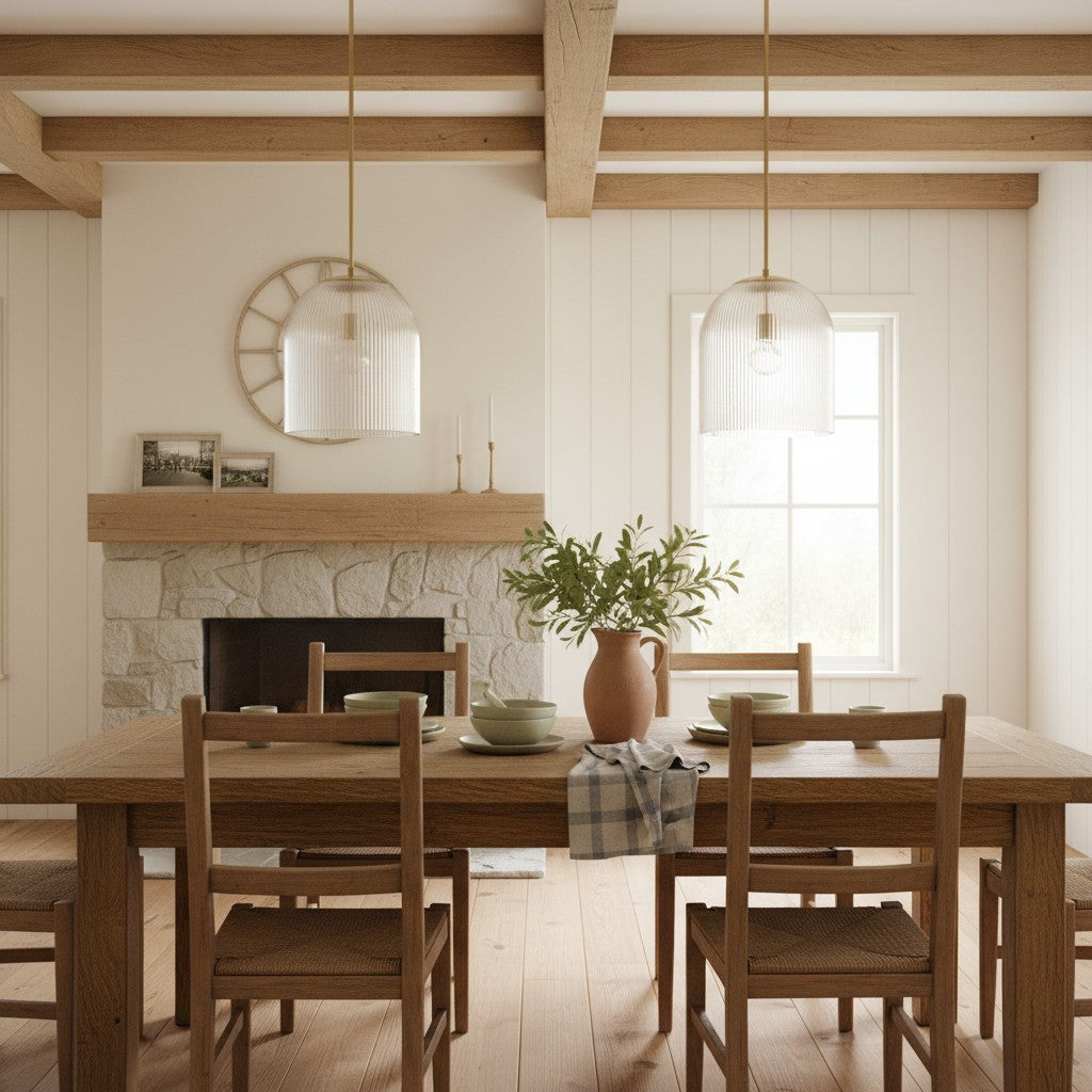 Alain Farmhouse Cooper Ribbed Glass Pendant Light For Dining Room & Kitchen