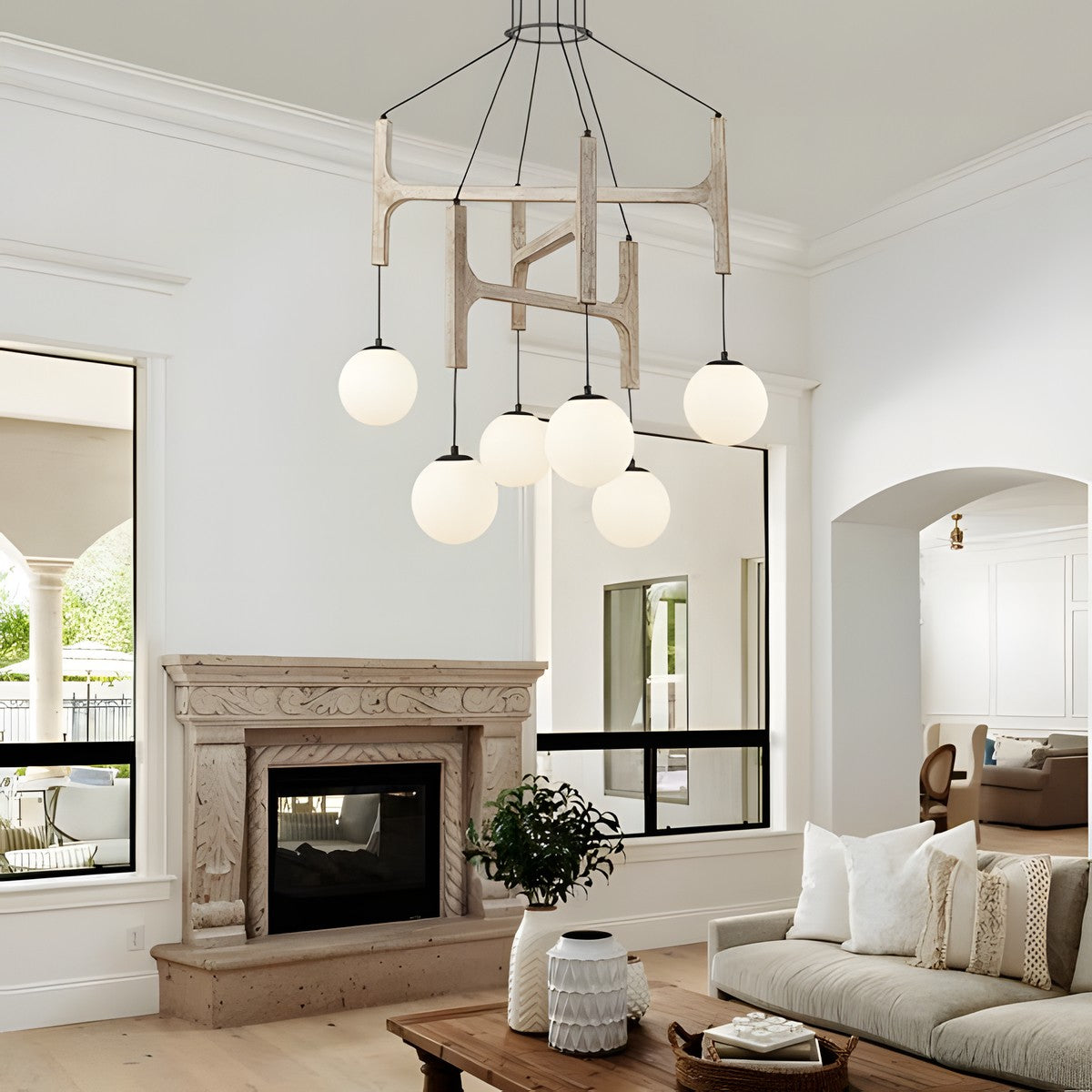 Astraea Farmhouse Wooden Branch Milk Glass Globe Chandelier