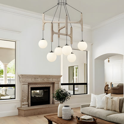 Astraea Farmhouse Wooden Branch Milk Glass Globe Chandelier