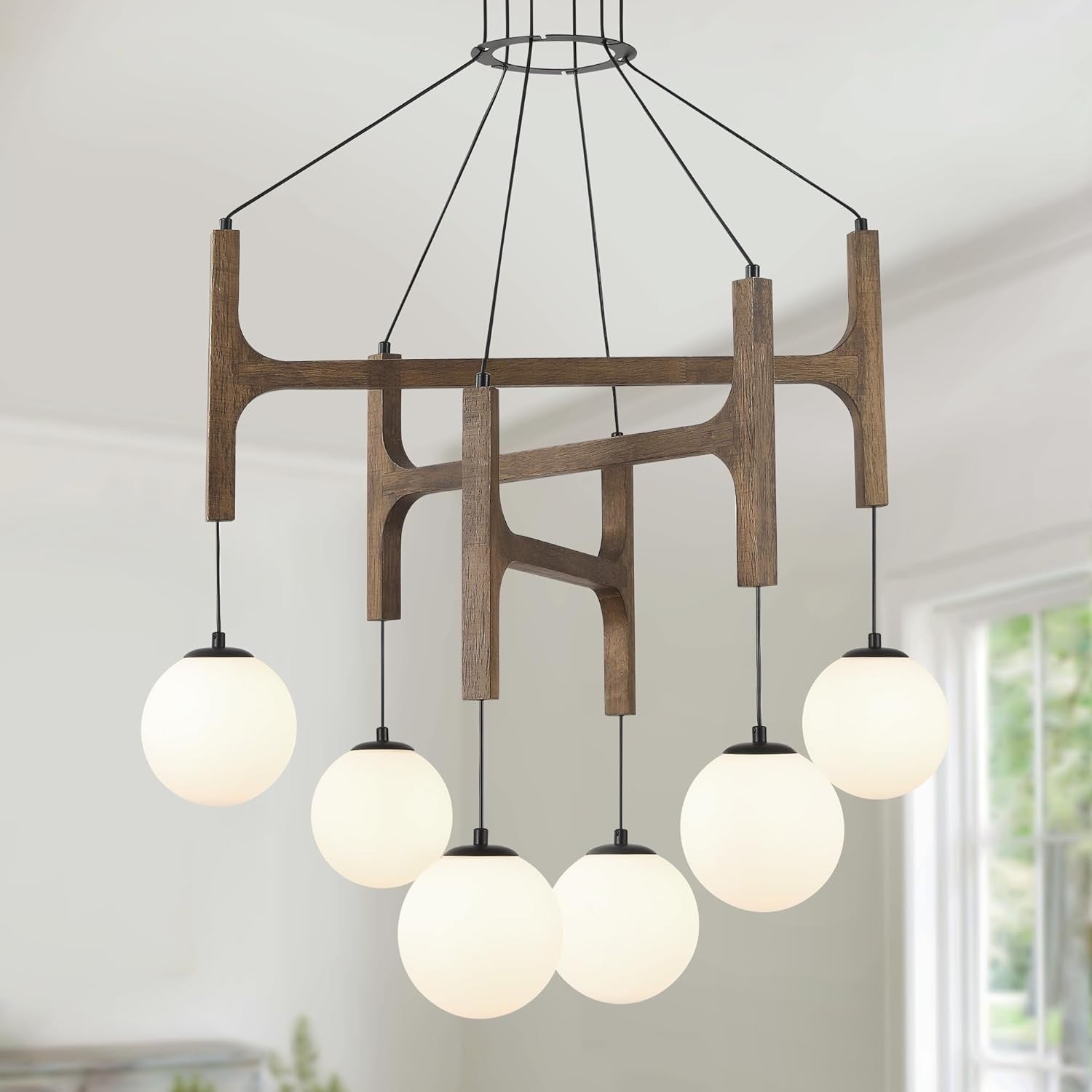 Astraea Farmhouse Wooden Branch Milk Glass Globe Chandelier