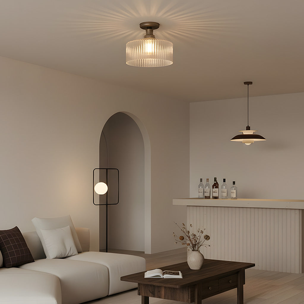 Ilyan Vintage Ribbed Glass Drum Flush Mount Ceiling Light