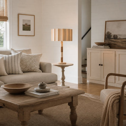 Elaina Natural Travertine Wood Pleated Drum Table Lamp