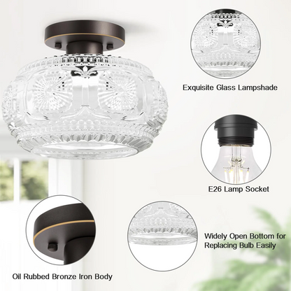 Ixionis Retro Carved Glass Semi Flush Ceiling Light