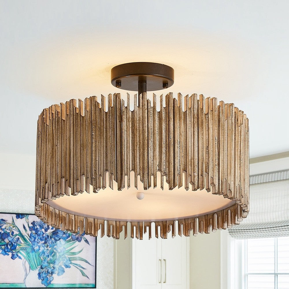 Callio Rustic Distressed White Wood Drum Semi Flush Mount Ceiling Light