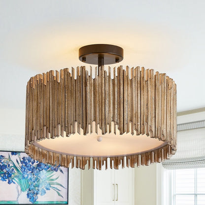 Callio Rustic Distressed White Wood Drum Semi Flush Mount Ceiling Light