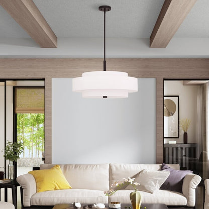Harlow Linen Blend 5 Light Metal Double Tier Drum Pendant Light