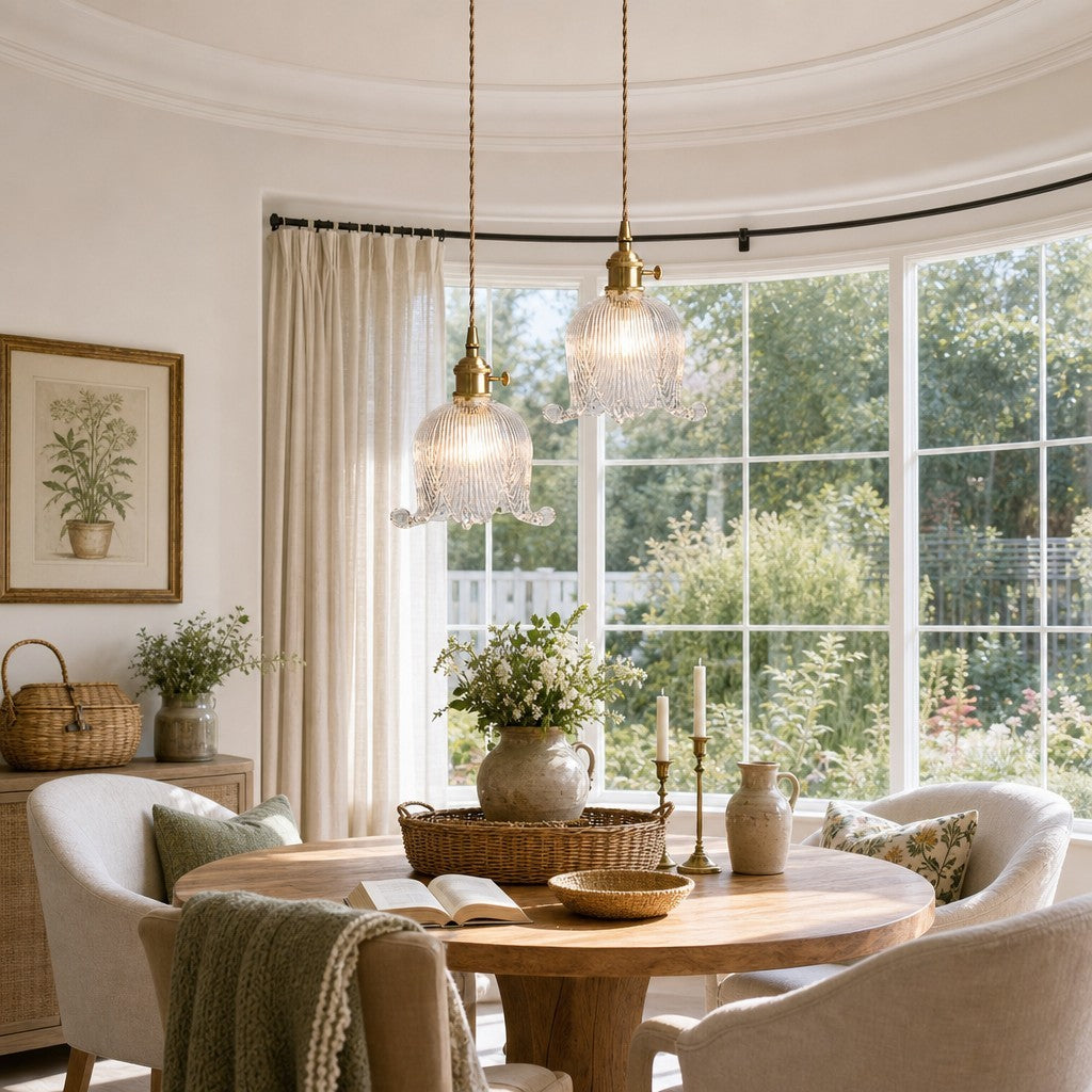 Fawen Retro Floral  Ribbed Glass Shade Pendant Light