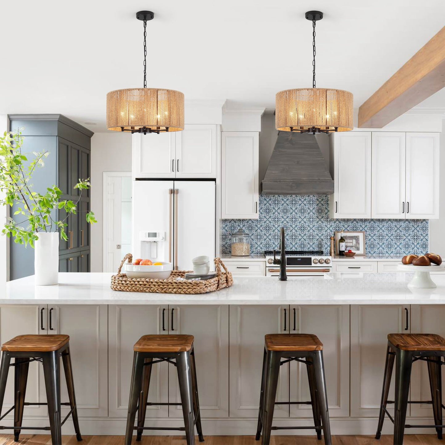 Haynes Rustic Rattan Dimmable Drum Pendant Light