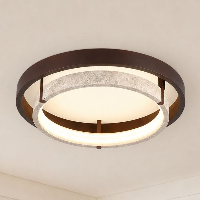 Jayce Organic Wood & Travertine Layered Round Ceiling Light