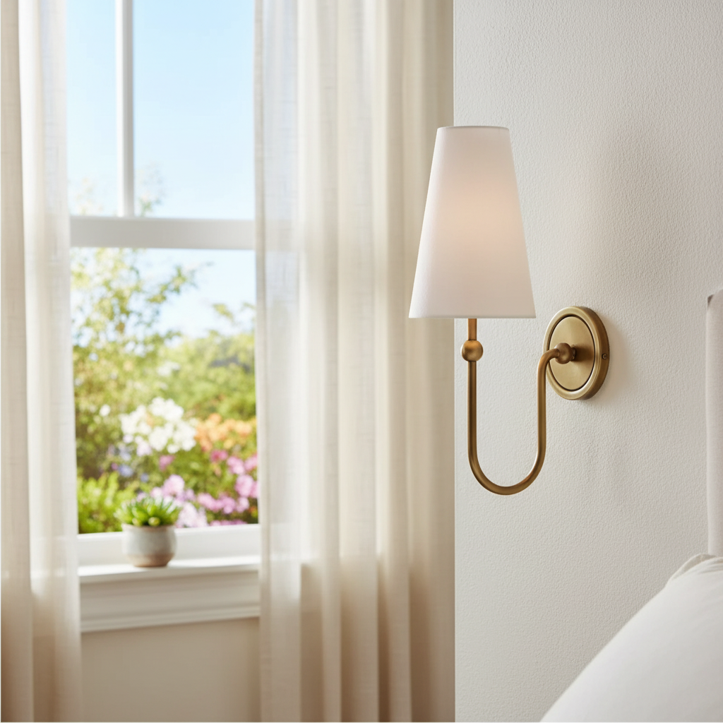 Azon Country Linen Brass Swan Neck Wall Light