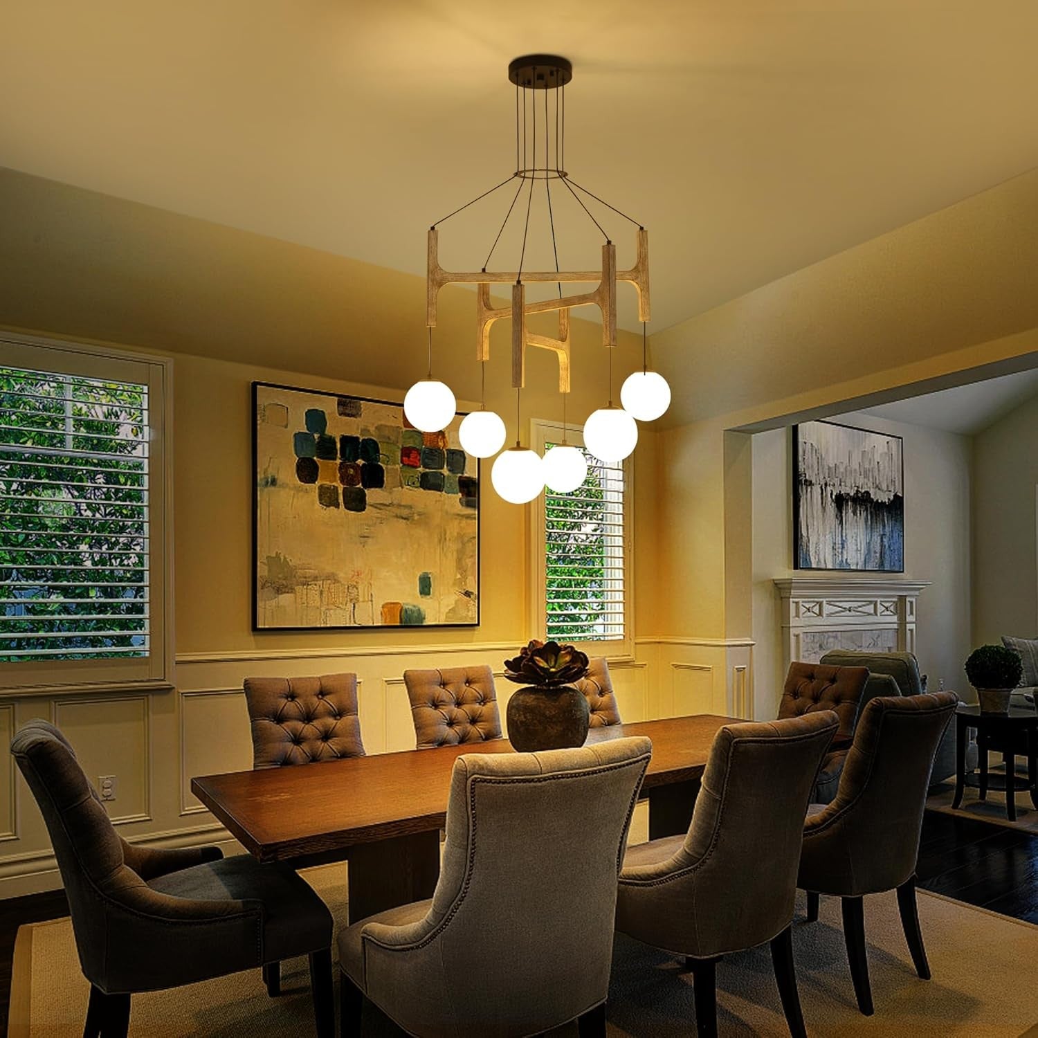 Astraea Farmhouse Wooden Branch Milk Glass Globe Chandelier