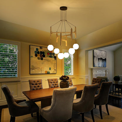 Astraea Farmhouse Wooden Branch Milk Glass Globe Chandelier