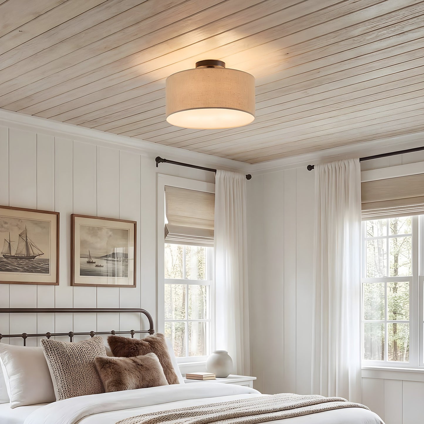 Joram White Linen Drum Ceiling Light