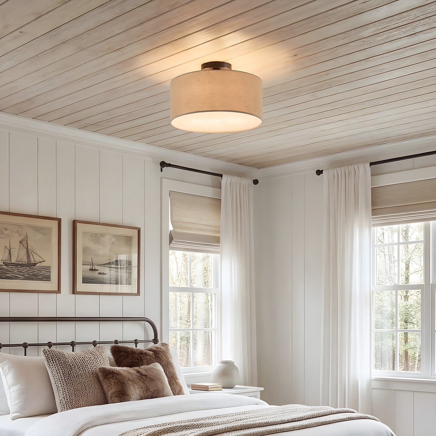 Joram White Linen Drum Ceiling Light