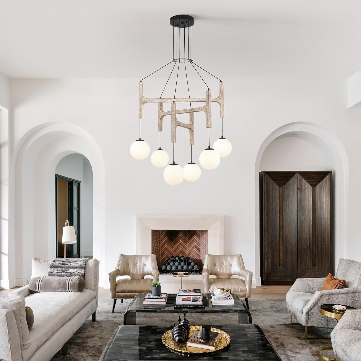Astraea Farmhouse Wooden Branch Milk Glass Globe Chandelier
