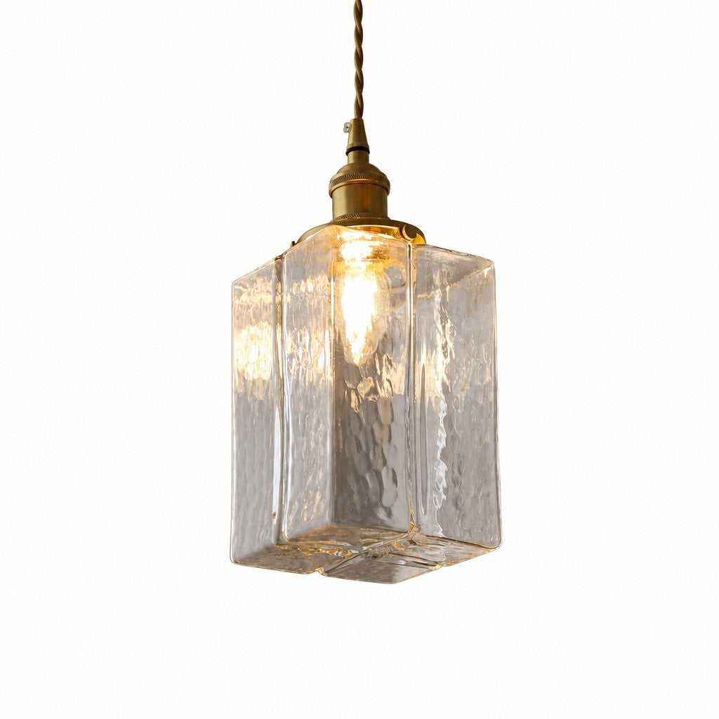 Faelthorin Farmhouse Brass Hammered Square Glass Pendant Lamp