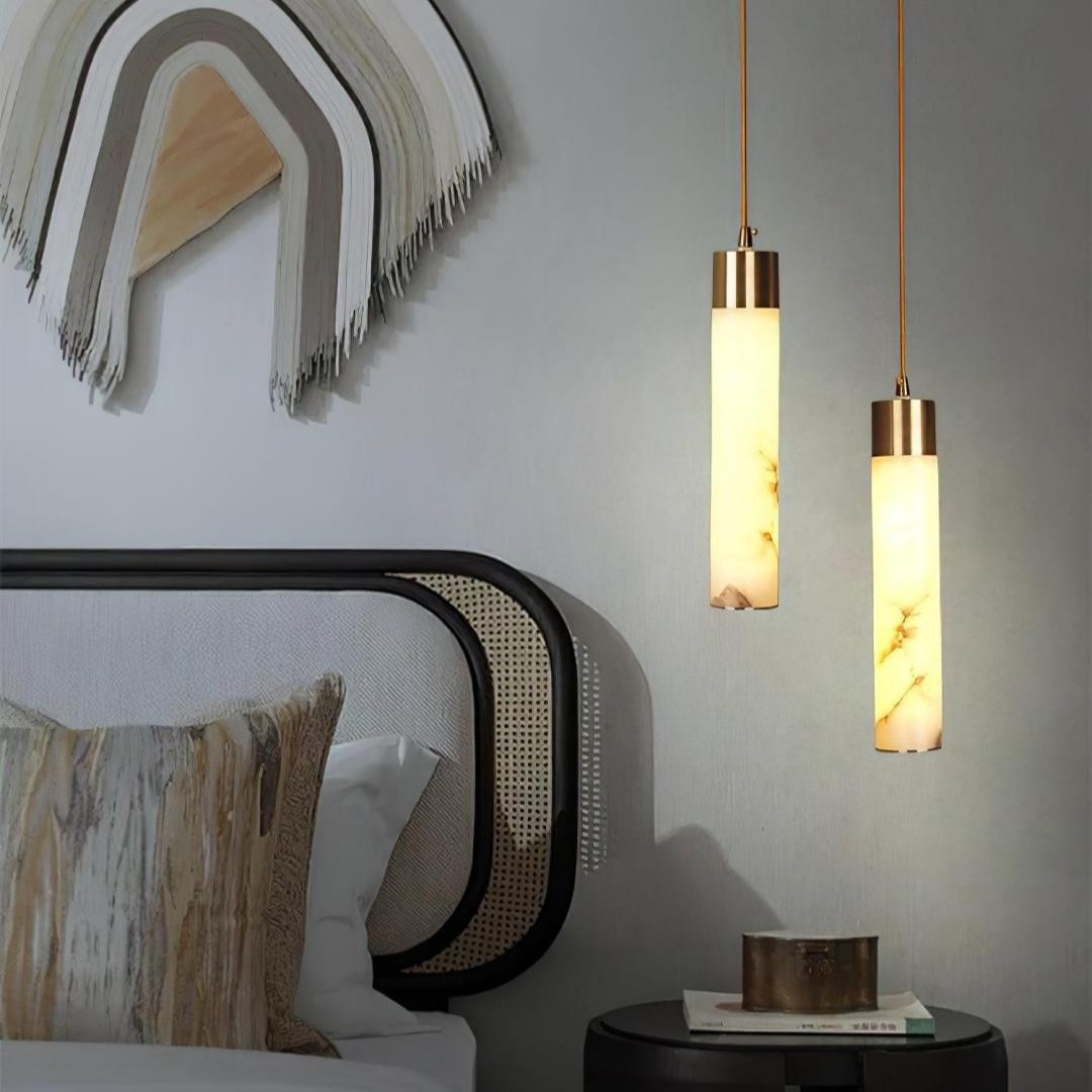 Odalys Luxurious Cylindrical Alabaster Brass Pendant Light