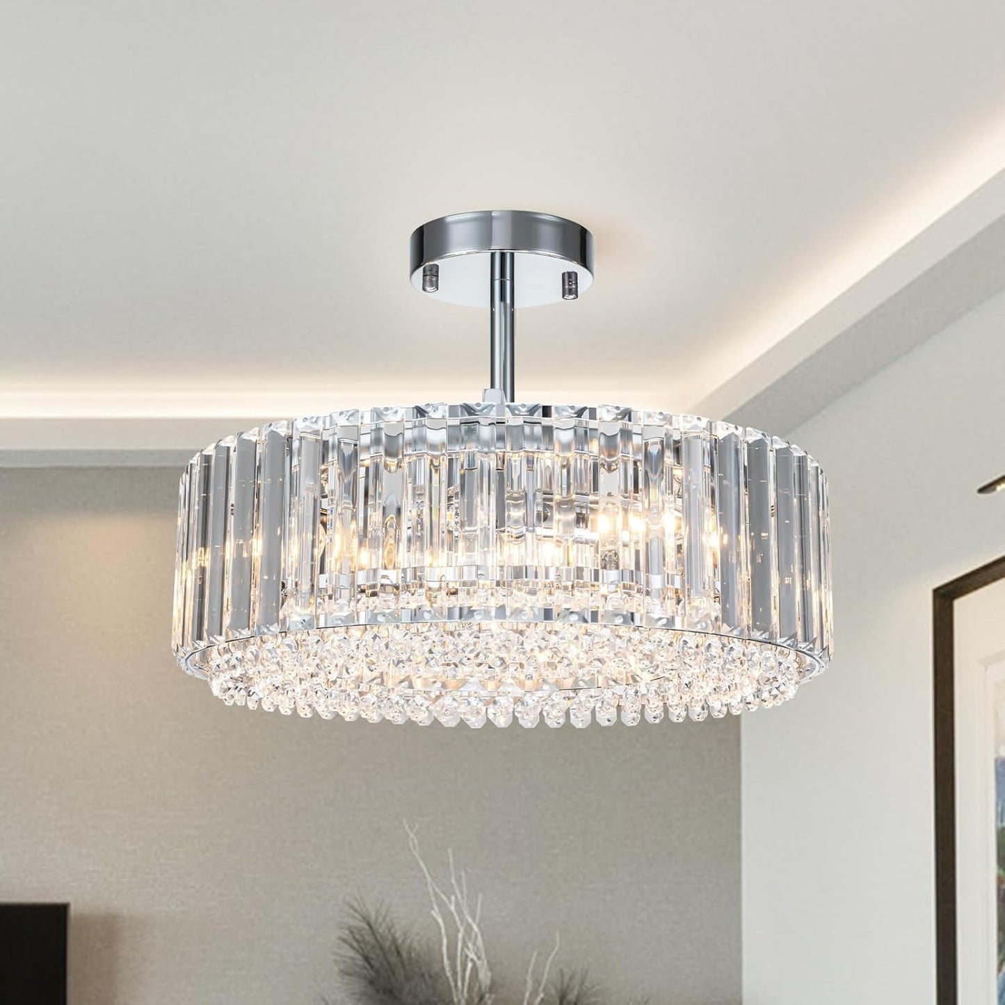 Ryxar Round Ribbed Crystal Semi Flush Mount Light