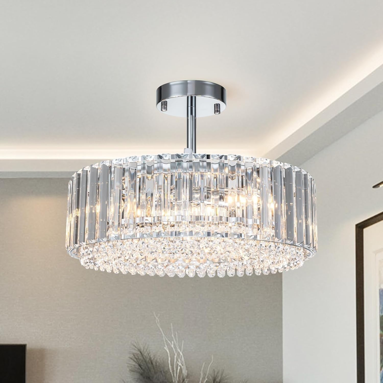 Ryxar Round Ribbed Crystal Semi Flush Mount Light