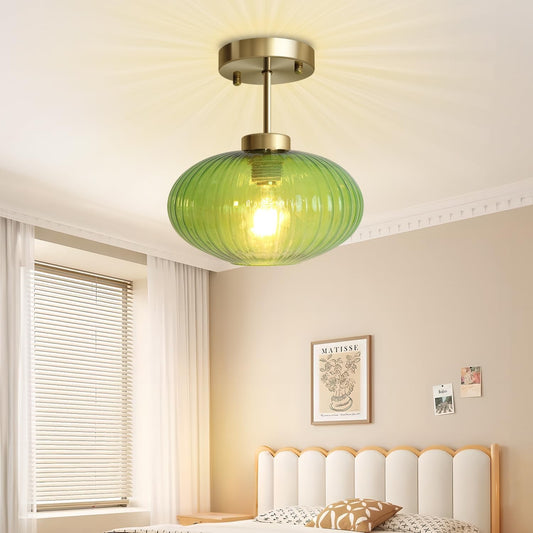 Jorik Natural Green Ribbed Glass Oval Ceiling Light