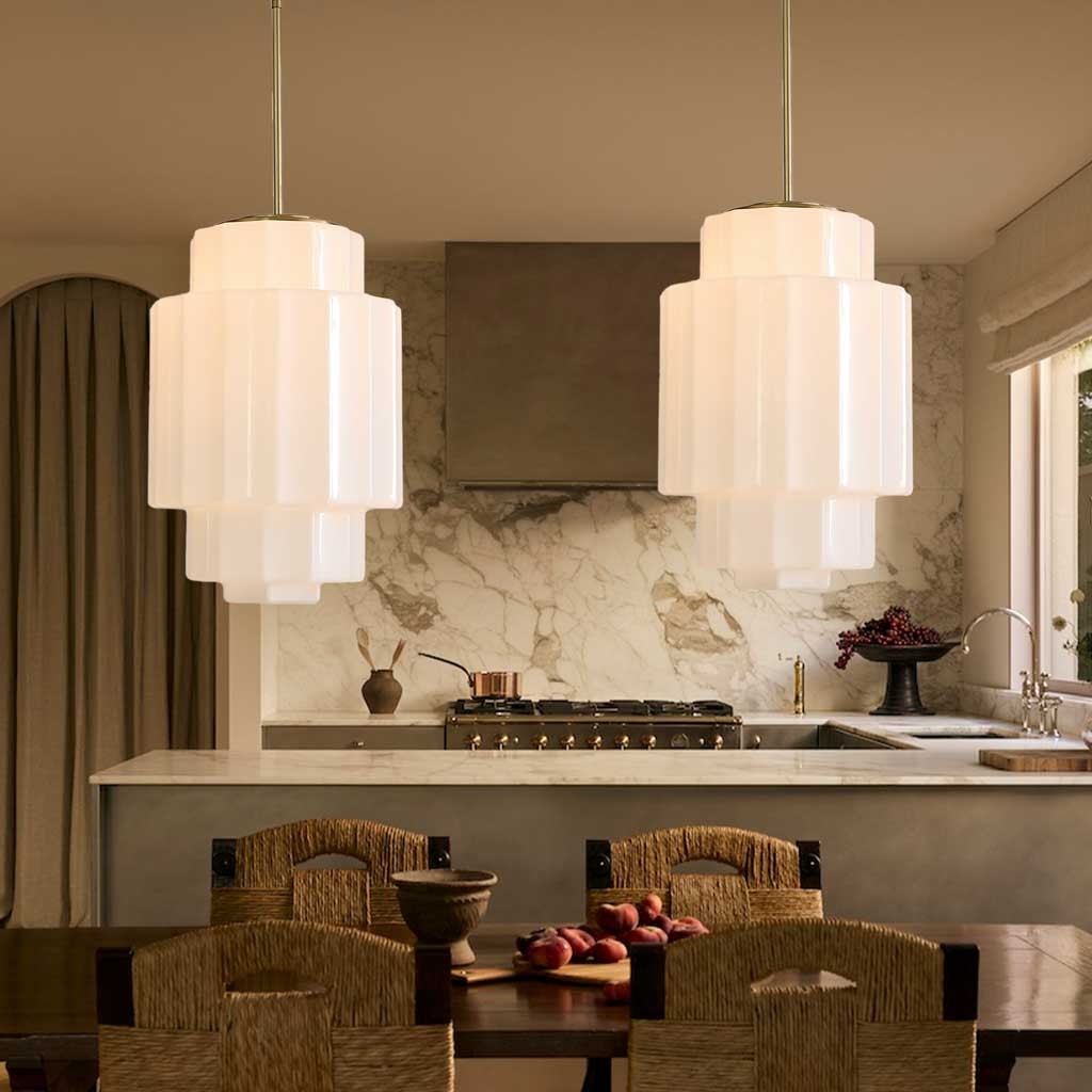 Winry Antique Brass Tiered Milk Glass Pendant Light