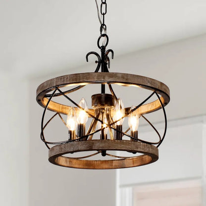 Cael Farmhouse Drum Wood Cage Pendant Light