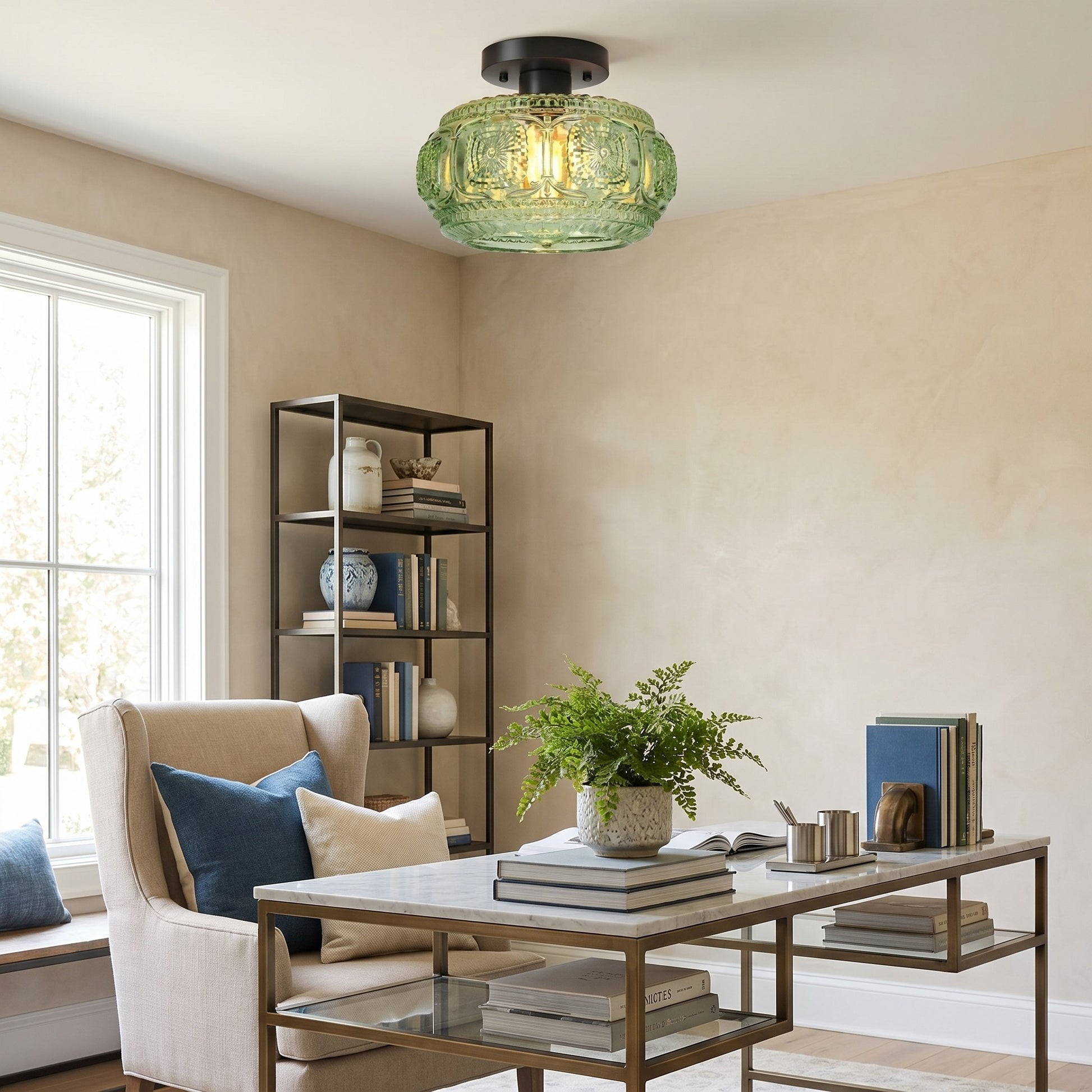 Ixionis Retro Carved Glass Semi Flush Ceiling Light