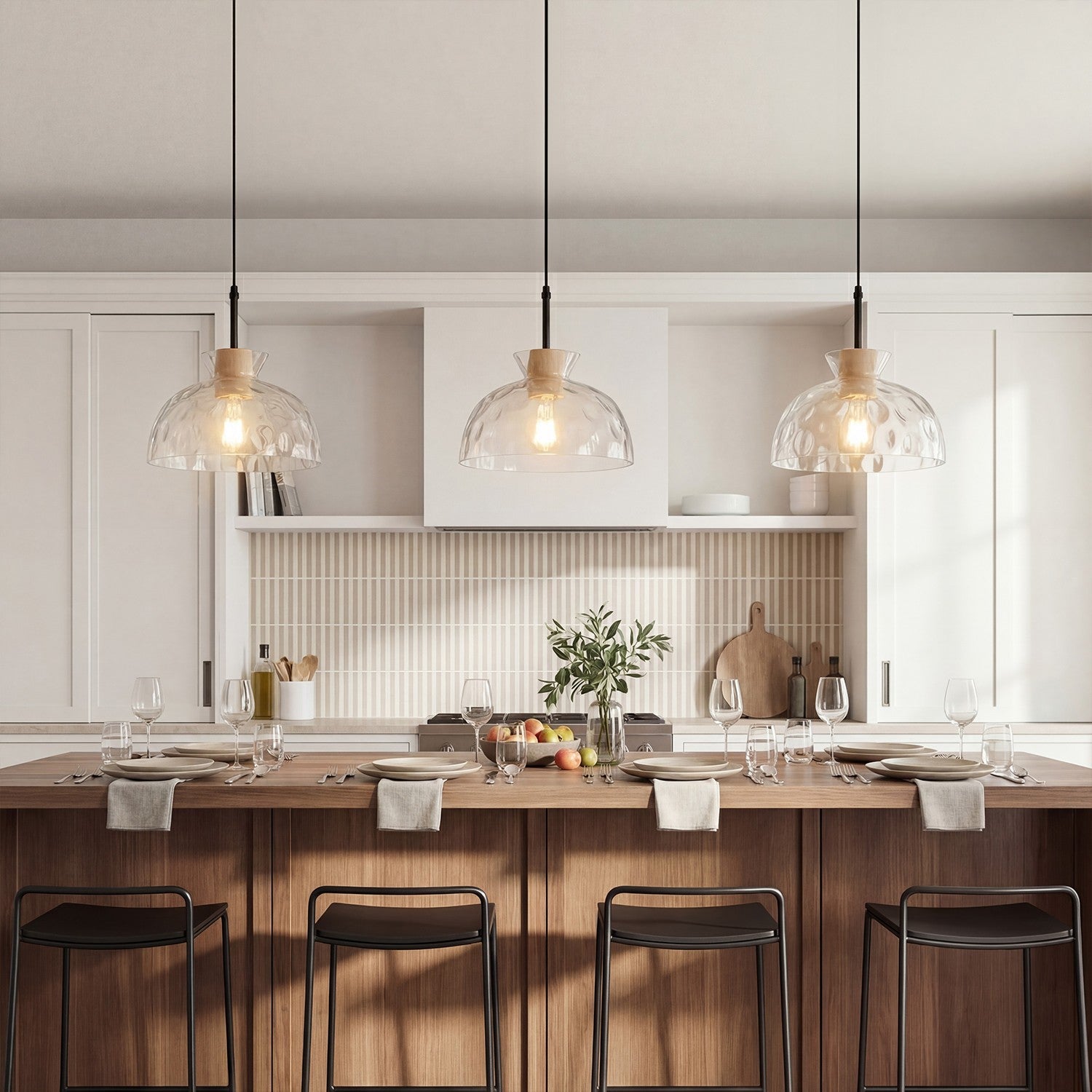 Kethor Mid Century Wood Hammered Glass Dome Pendant Light