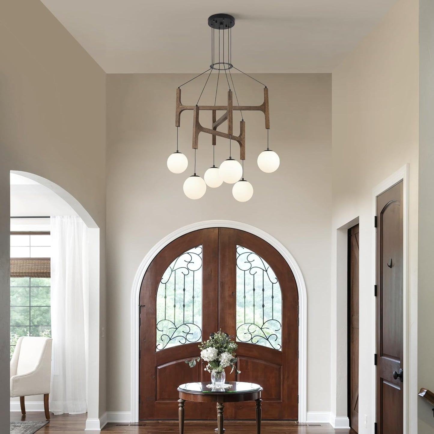 Astraea Farmhouse Wooden Branch Milk Glass Globe Chandelier