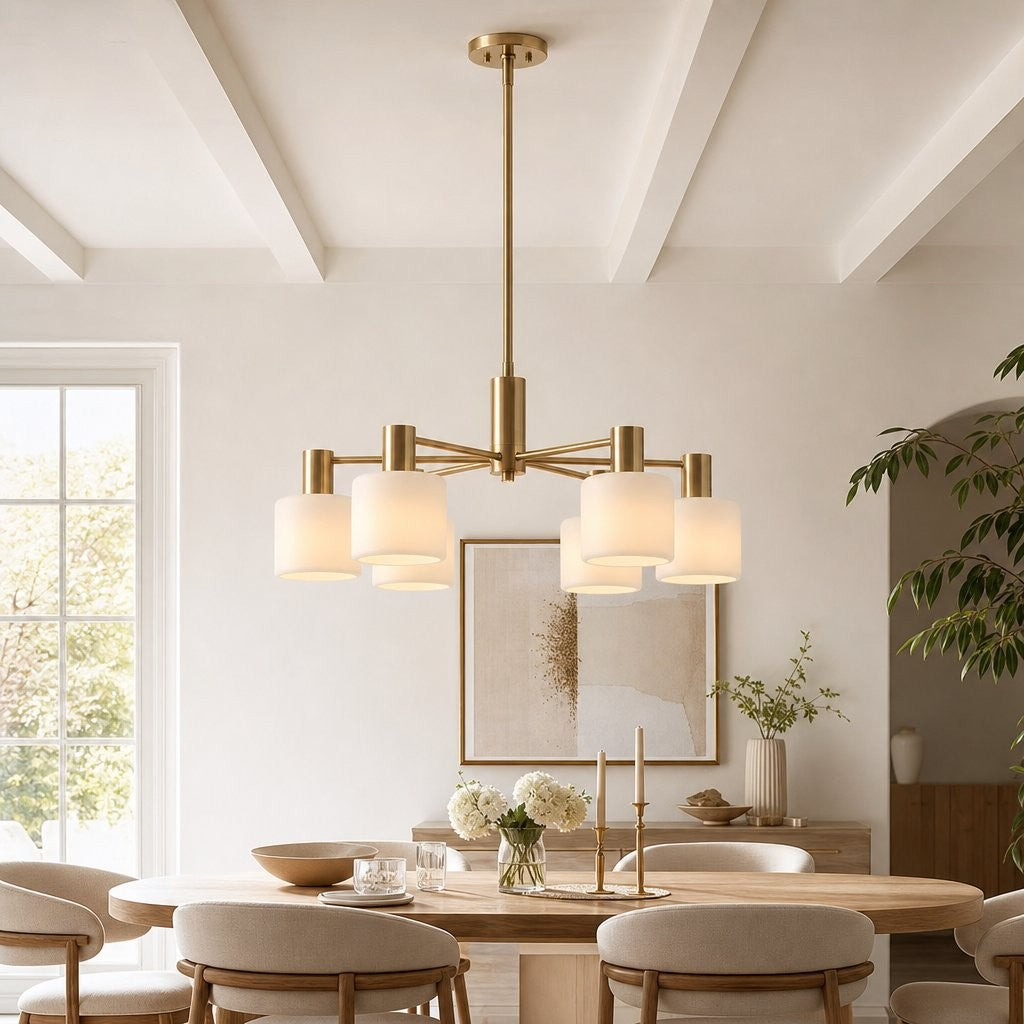 Aura Mid-Century Brass Porcelain Cylinder Chandelier