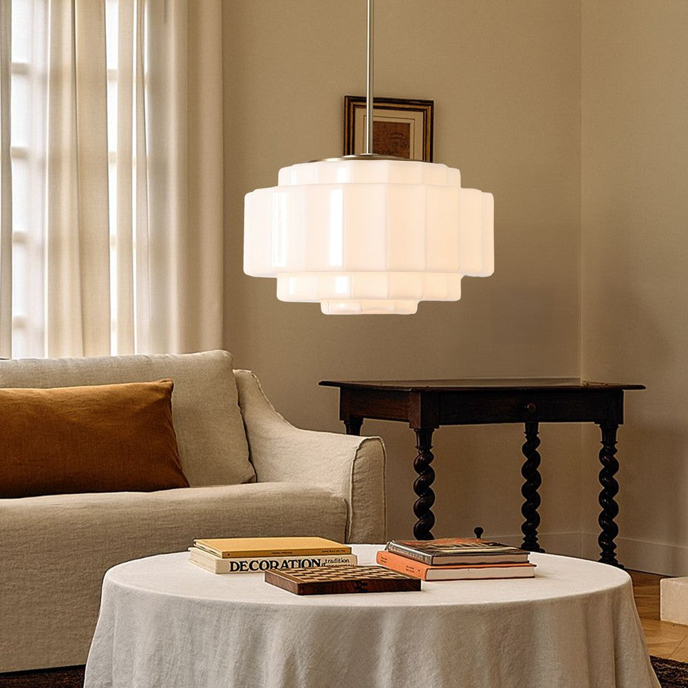 Winry Antique Brass Tiered Milk Glass Pendant Light