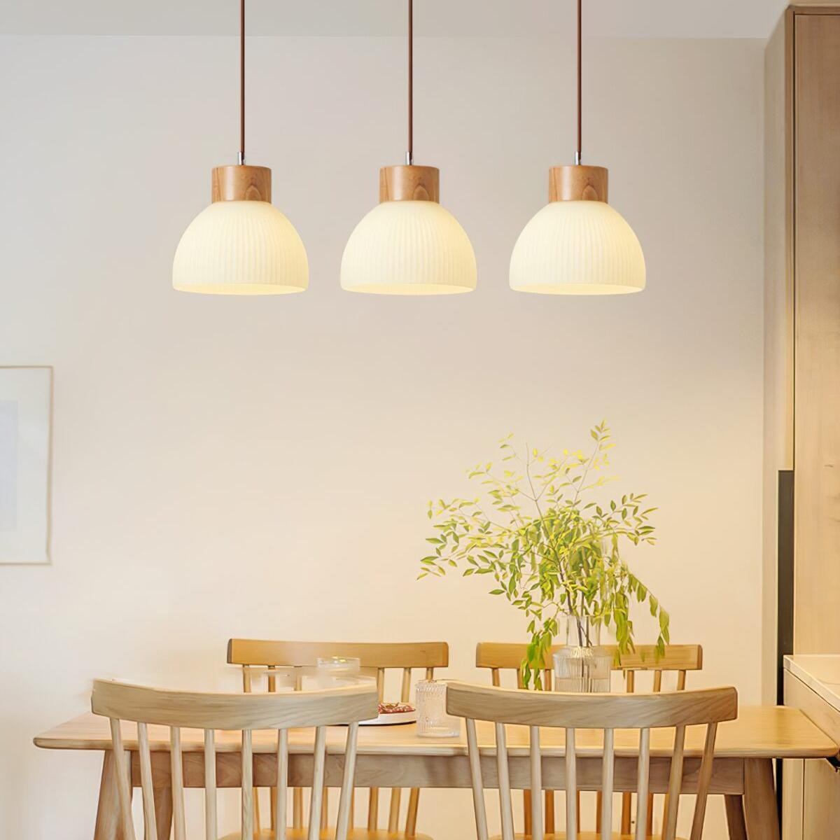 Tyrionth Wood Base 3 Light White Ribbed Glass Shade Pendant Light