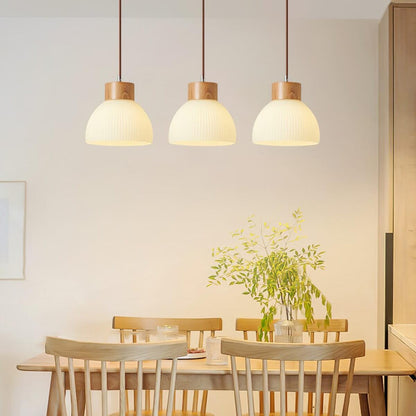 Tyrionth Wood Base 3 Light White Ribbed Glass Shade Pendant Light