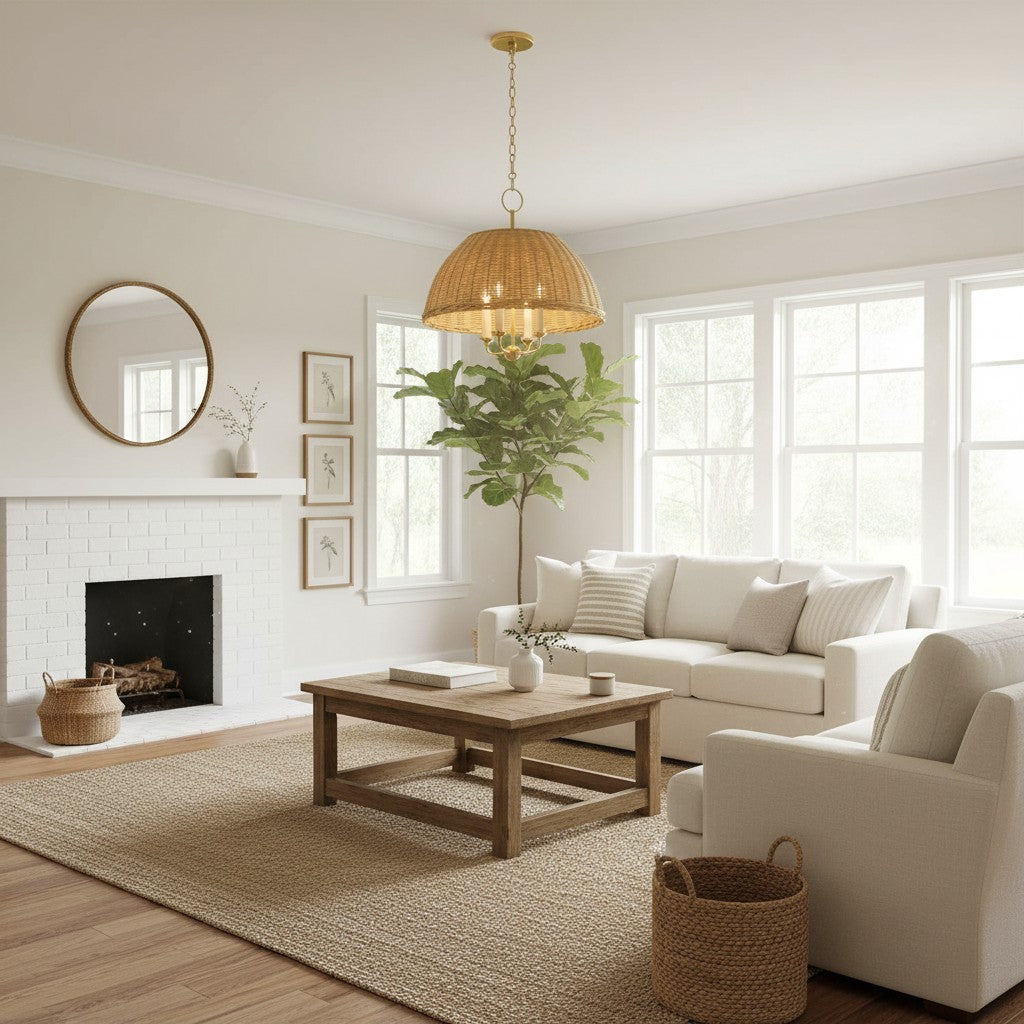 Margaret Minimalist Natural 4-Light Dome Rattan Brass Pendant Light