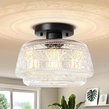 Ixionis Farmhouse Patterned Glass Semi Flush Mount Ceiling Light