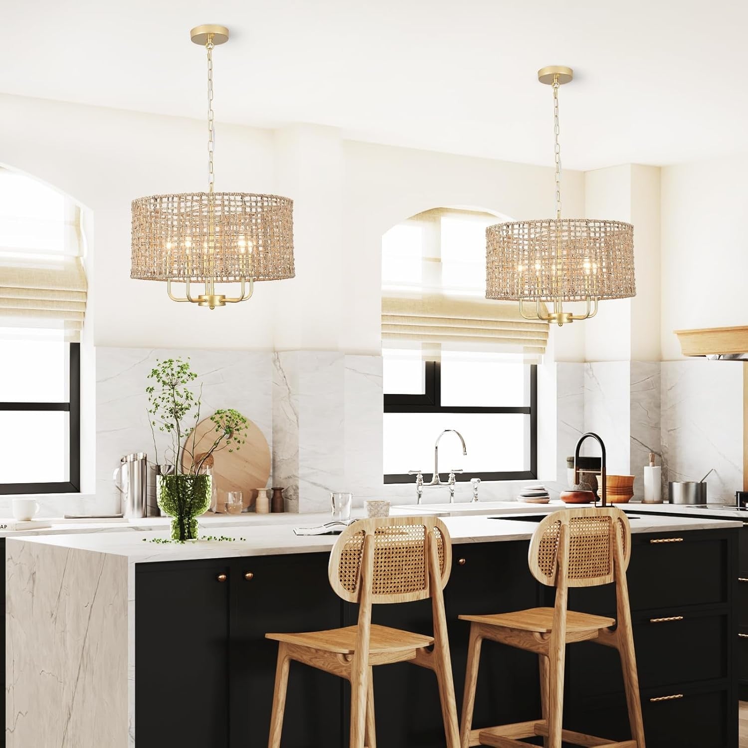 Arlo Bohemian 5 Light Natural Rattan Drum Chandelier