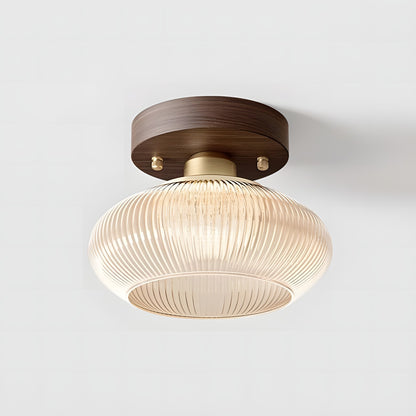 Caspian Retro Led Walnut Base Amber Fluted Glass Ceiling Light