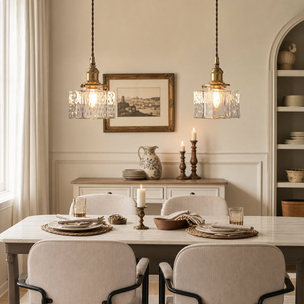 Faelthorin Farmhouse Brass Hammered Square Glass Pendant Lamp